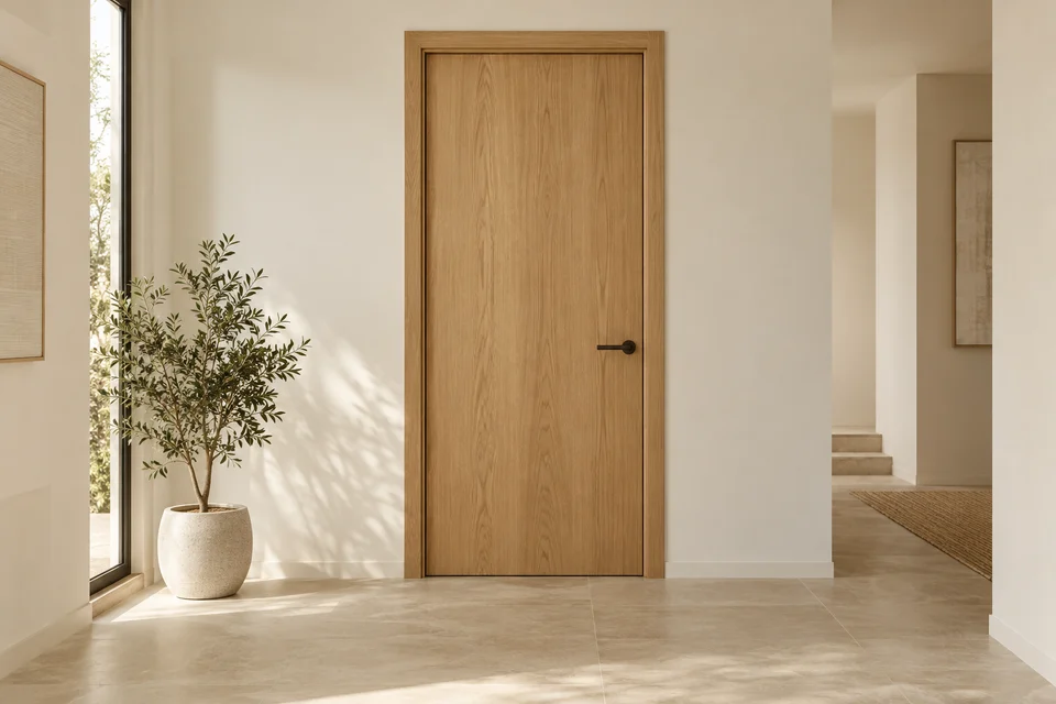 Illustratives Wohnbeispiel mit einer Innentür in warmer Holzoptik